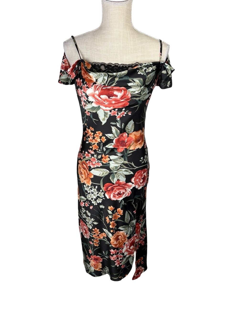 Romantic Floral Satin Midi Dress Off Shoulder Cowl Neck Medium Y2K Asymmetrical